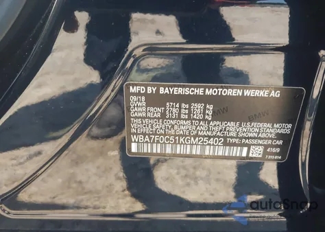 2019 BMW 750I z USA, uszkodzony, nr VIN WBA7F0C51KGM25402